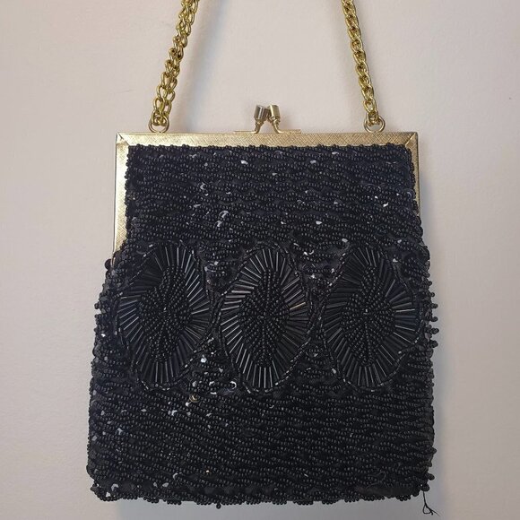 Vintage Black Beaded Sequen Small Purse - Picture 2 of 9